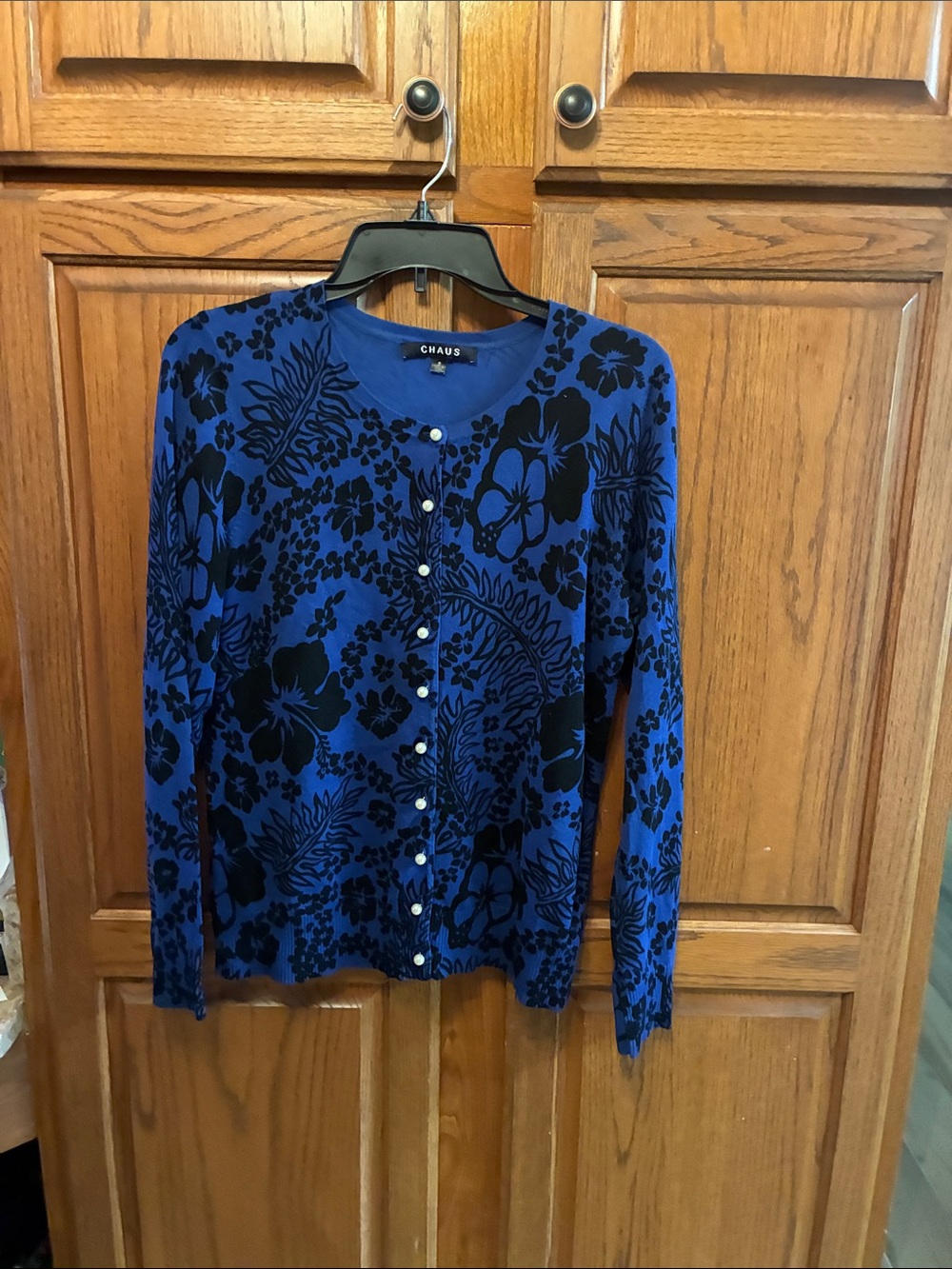 Chaus Royal Blue with Black Floral Button-Up Cardigan size s